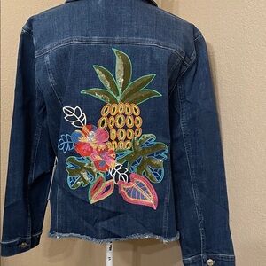 NWT Chico’s Frayed Classic Marina Bay Indigo Pineapple Embellished Denim Jacket